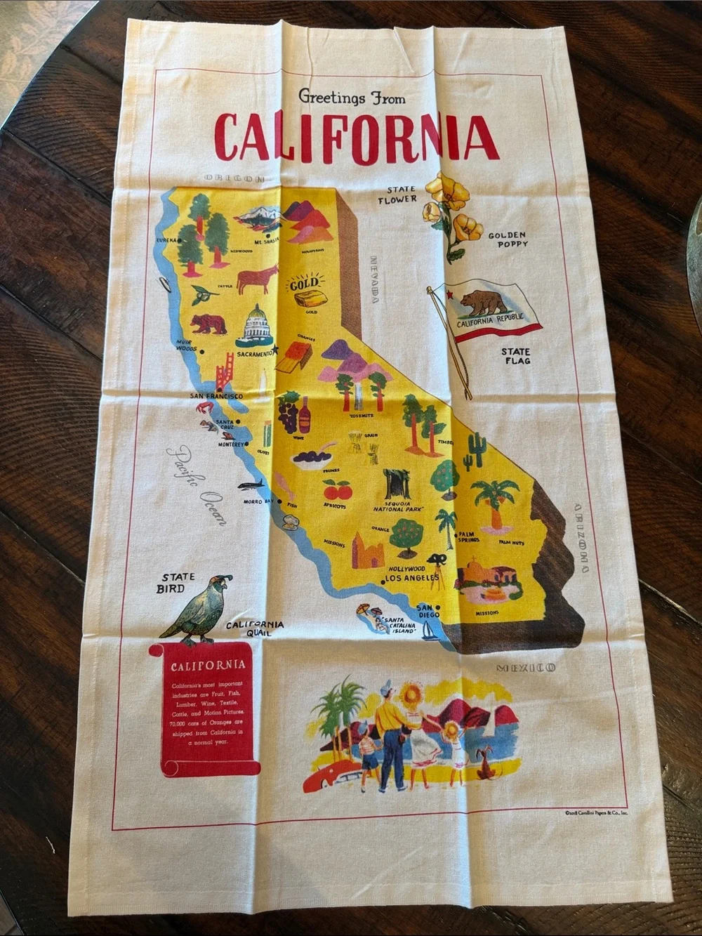 Vintage California Tea Towel - Cream with Yellow Map Print